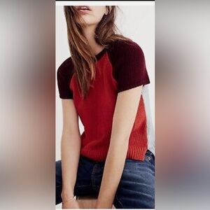 MADEWELL Size XXS Red / Burgundy/ Gray Knit Volorblock Short Sleeve Sweater